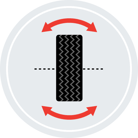 An illustration of a tire bracketed by curved double-sided arrows.